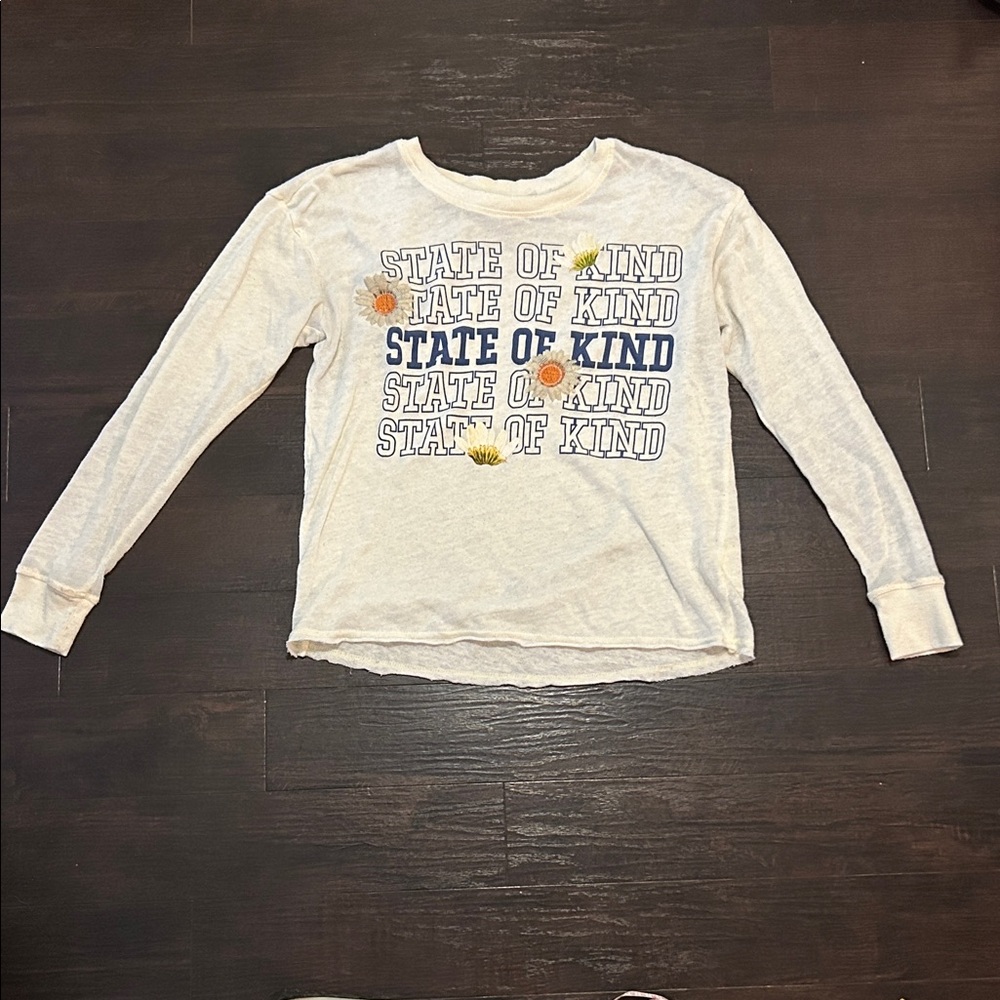 Women's Long Sleeve Tee - Cream with Blue and Orange Print